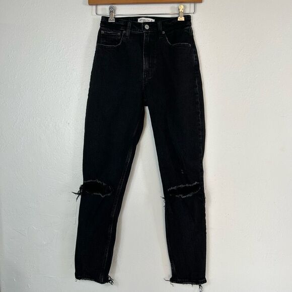 Abercrombie & fitch black mom busted knee curve love denim jean size 24 - Picture 2 of 7